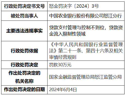 农业银行怒江分行、兰坪白族普米族自治县支行共计被罚50万元：违规发放虚假按揭贷款等  第1张