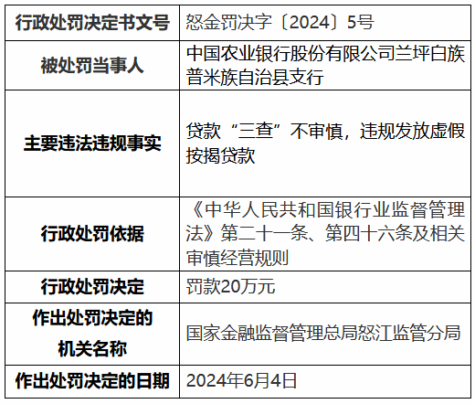 农业银行怒江分行、兰坪白族普米族自治县支行共计被罚50万元：违规发放虚假按揭贷款等  第3张