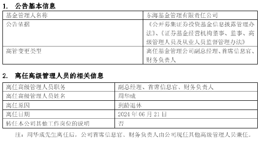 到龄退休！东海基金副总经理、首席信息官、财务负责人周华成离任  第1张