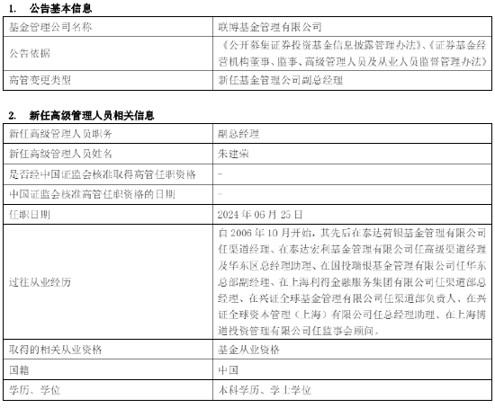 联博基金新任朱建荣副总经理 曾任职于国投瑞银兴证全球基金