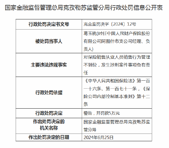 人保财险阿图什市支公司被罚20万元：因保险销售从业人员销售行为管理不到位