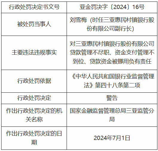 三亚惠民村镇银行贷款管理不尽职、资金支付管理不到位、贷款资金被挪用 时任副行长被罚  第1张