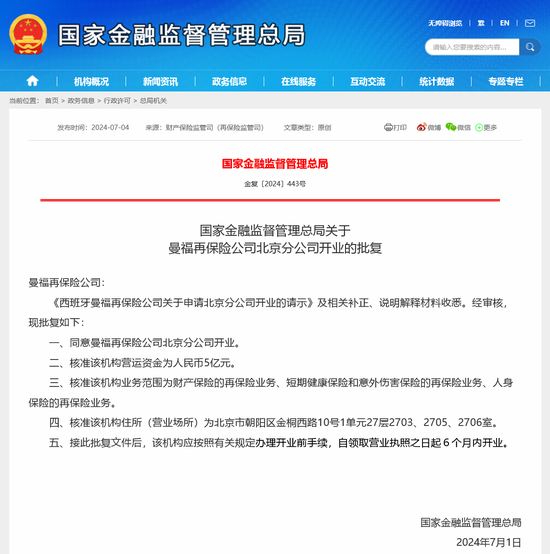 又有外资保险获准开业！西班牙曼福再保险公司北京分公司筹建近两年终落地，近期外资落子频频  第1张