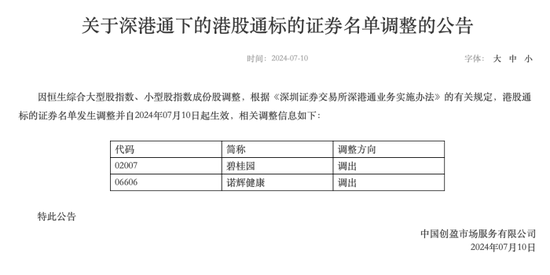 深交所：将碧桂园、诺辉健康调出港股通标的证券名单  第1张