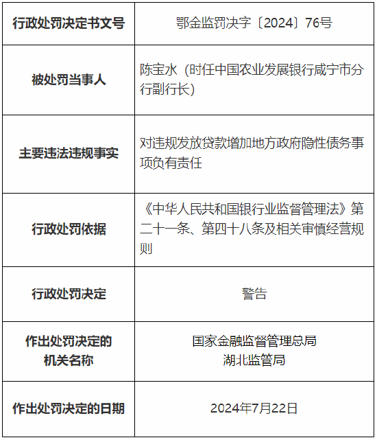 农发行咸宁市分行及荆门市分行总计被罚80万元：因违规发放贷款增加地方政府隐性债务