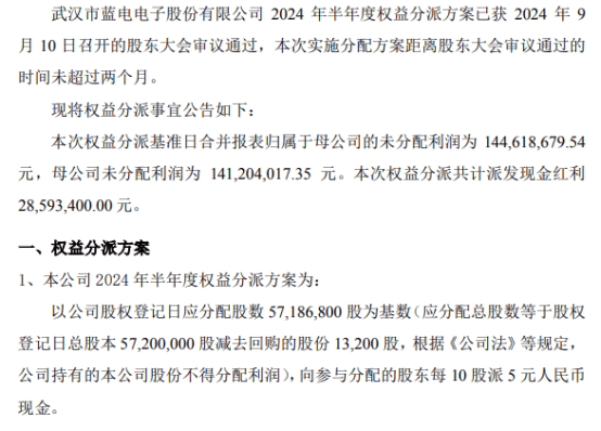 武汉蓝电2024年半年度权益分派每10股派现5元 共计派发现金红利2859.34万元