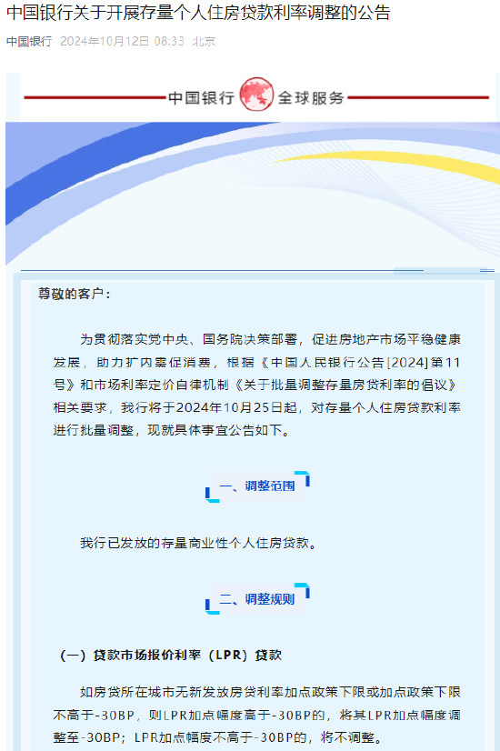 中国银行：将于10月25日起对存量个人住房贷款利率进行批量调整  第1张