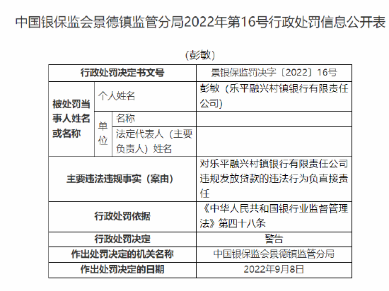 乐平融兴村镇银行被罚20万元：因违规发放贷款 隐匿不良贷款  第4张