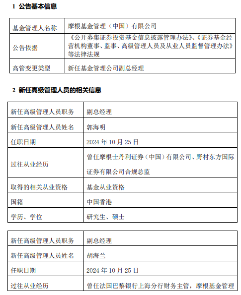 摩根基金新任郭海明、胡海兰为副总经理