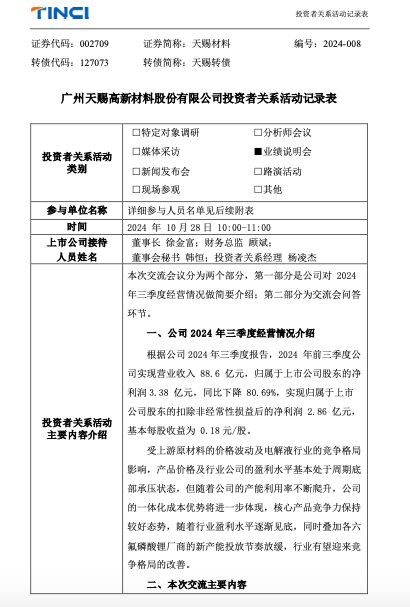 前三季净利巨降八成！天赐材料：原材料价格波动及行业竞争格局致盈利水平处于周期底部承压状态  第1张