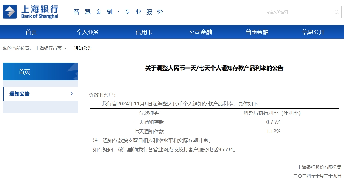 上海银行11月8日起上调个人通知存款利率 一天期、七天期分别上调0.65和0.67个百分点  第1张