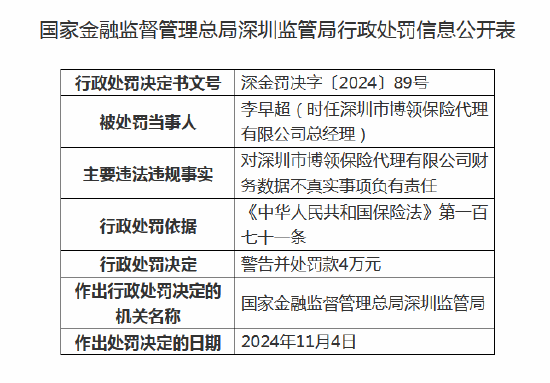 深圳市博领保险代理被罚20万元：因财务数据不真实  第2张