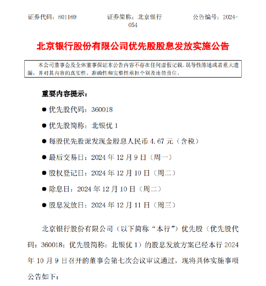 北京银行：发布优先股股息发放实施公告 每股优先股派发现金股息人民币4.67元  第1张