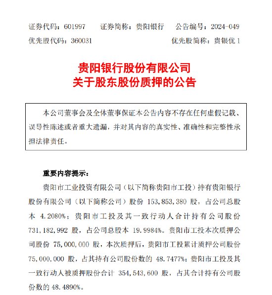 贵阳银行：贵阳市工业投资有限公司质押公司股份7500万股  第1张