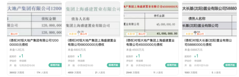 1元起拍，恒大地产集团1.2亿元债权拍卖参与者众多  第2张