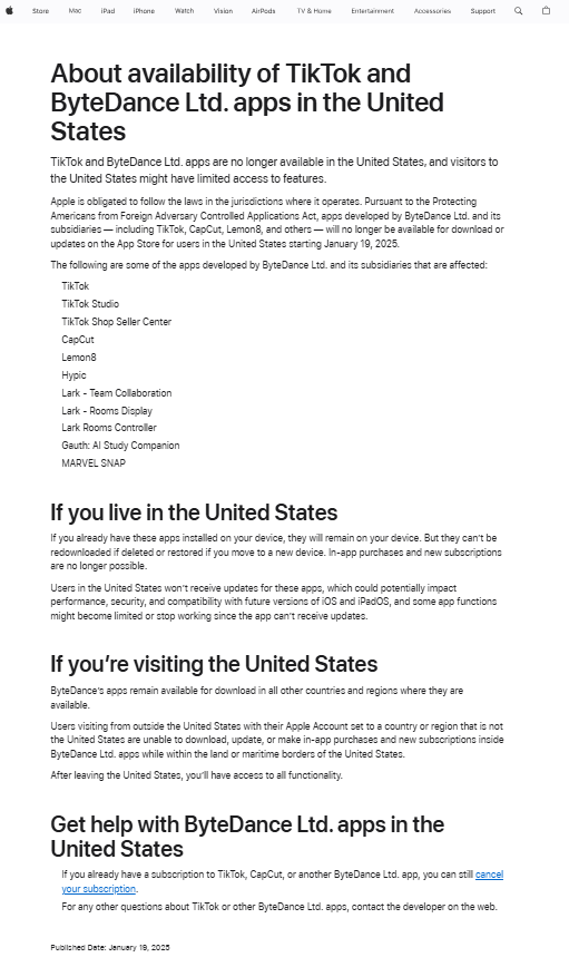 苹果公司：TikTok及字节跳动旗下应用在美国已不可用  第1张