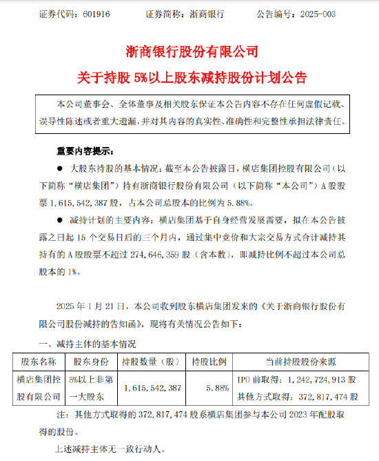 浙商银行：股东横店集团拟减持不超1%公司股份  第1张