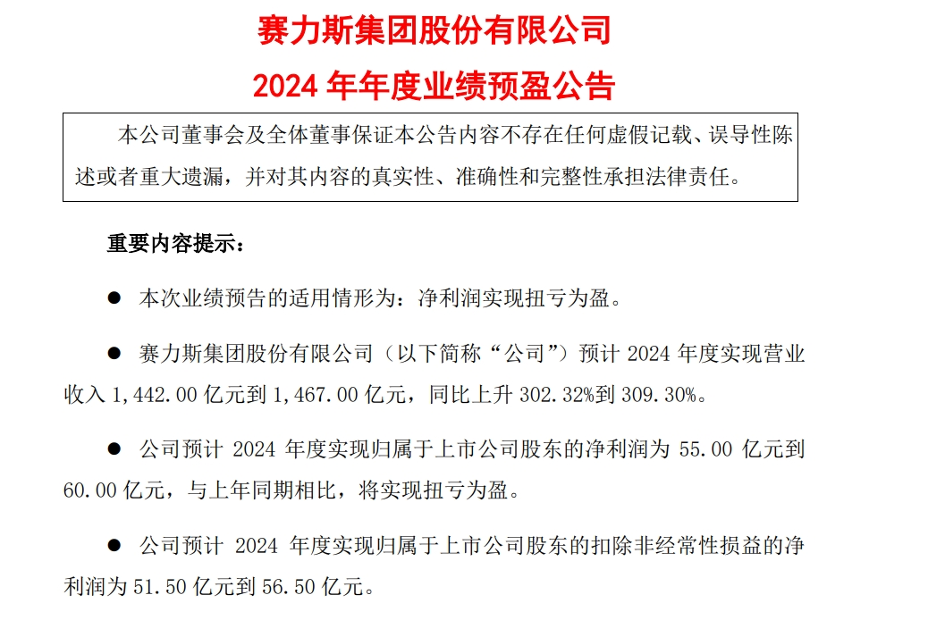 赛力斯：预计2024年营收最高1467亿元 净利润最高60亿元！股价去年涨了75% 问界卖“爆”了  第1张